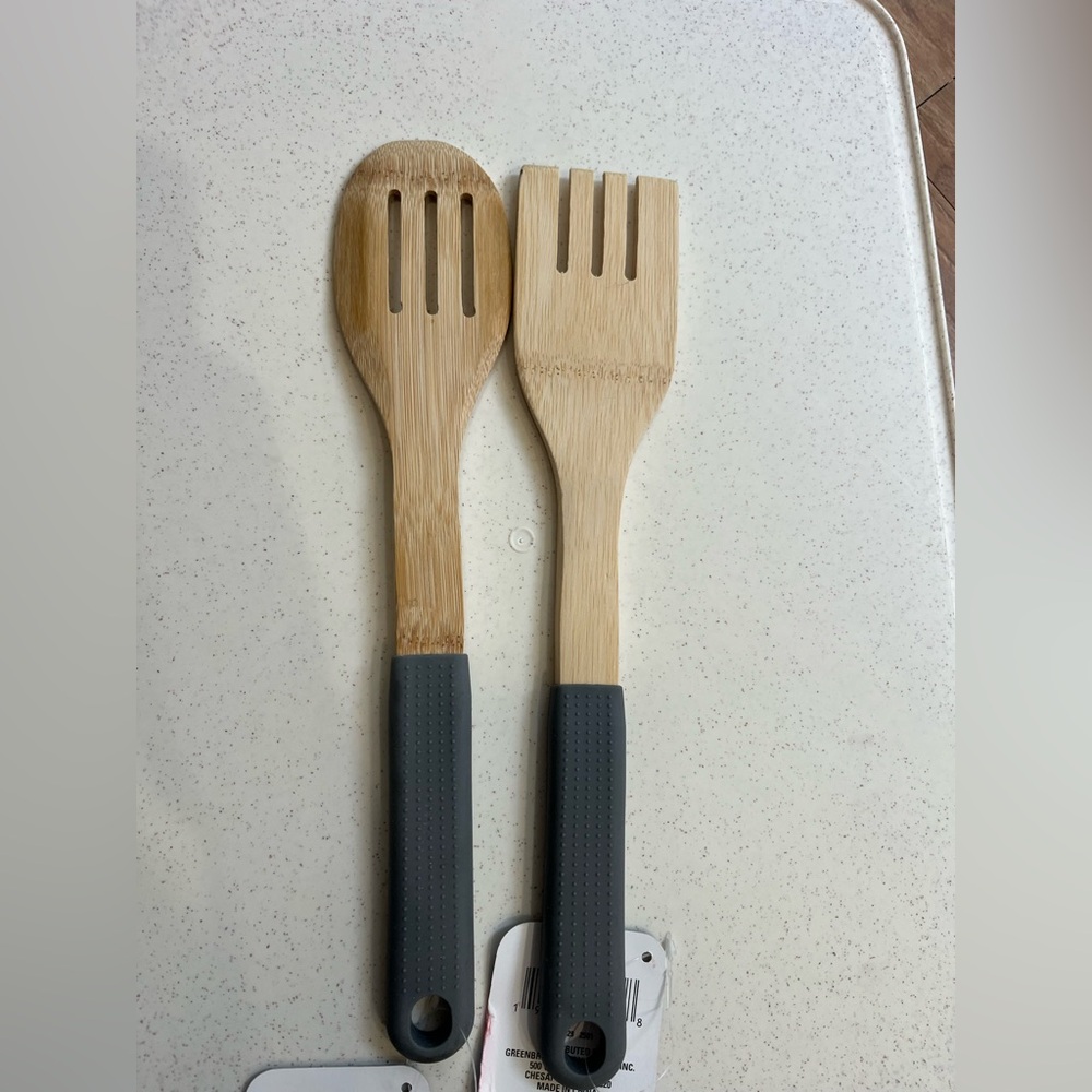 Bamboo Slotted Spoon & Spatula Set with Gray Grip - Home Dining Serving Utensils